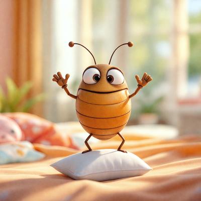 The primary subject of the image is a toy ant figurine, which is standing on a pillow. The setting is a bedroom, with a bed visible in the background. The visual style is a combination of photo and digital art, creating a unique and playful appearance. The colors and mood of the image are predominantly orange and yellow, giving it a warm and cheerful atmosphere.